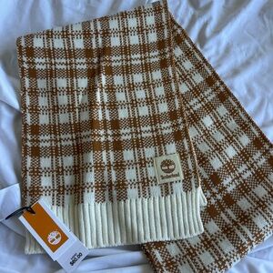 Timberland Cream and Brown Plaid Knit Scarf with Logo Tag